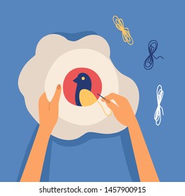 Hands making decorative craftwork - embroidering bird on hoop. Embroidery, fancywork, needlepoint or needlework. Creative workshop, craftsmanship activity. Flat cartoon colorful vector illustration.