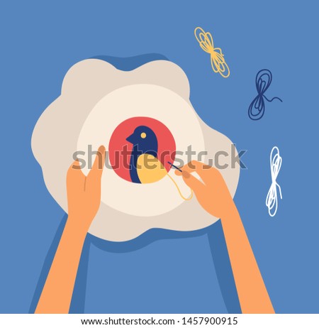 Hands making decorative craftwork - embroidering bird on hoop. Embroidery, fancywork, needlepoint or needlework. Creative workshop, craftsmanship activity. Flat cartoon colorful vector illustration.