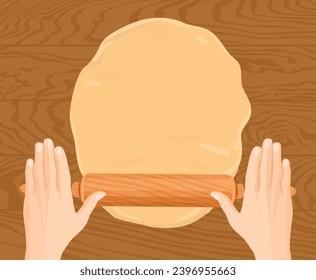 Hands making dough with rolling-pin on wooden background. Cooking homemade baking. Vector cartoon illustration. Copy space for text.