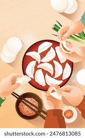 Hands making dumplings and the table is full of dumplings