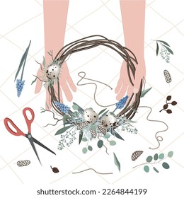 Hands making Easter wreath composition. Spring Easter holiday creative arrangement made of fresh quail eggs, muscari flowers, twigs, and eucalyptus. DIY and creativity vector illustration.