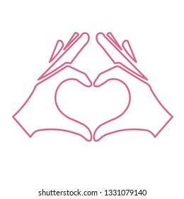 Hands making or formatting a heart. Symbol icon. Line icon, pink color.