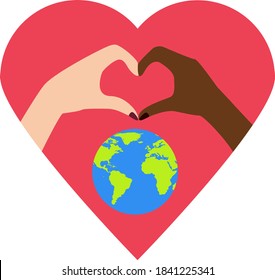 Hands Making or formatting a heart symbol icon. Love planet Еarth. International Friendship. Planet earth in the heart
