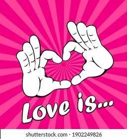 Hands making or formatting heart symbol icon. Vector on pink background