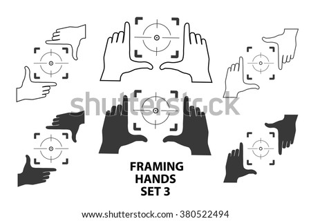 Hands making frame for video or photo design set3. Various combinations of frames made from fingers. Vector illustrations of perspective view.