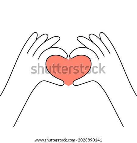 Hands are making heart with fingers. Care, love and empathy concept. Thin line vector illustration on isolated white background.