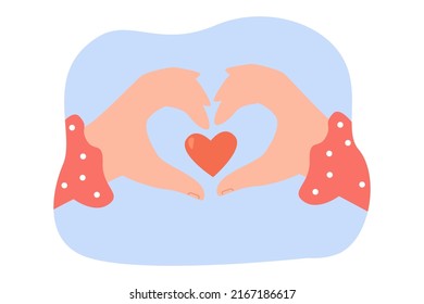 Hands making heart gesture flat vector illustration. Woman making love sign, expressing positive emotions. Romance, expression concept for banner, website design or landing web page