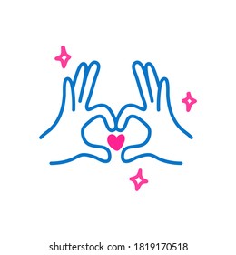 Hands making heart hand drawn line art. valentine's day web and print poster decoration. Hands in shape of love heart icon vector illustration. I love you or mini heart sign