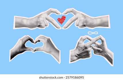 Hands making heart and infinity symbols art collage vector halftone illustration set. Love connection and endless possibilities on blue background