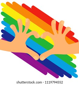 Hands making a heart on rainbow LGBT flag background. Vector illustration.