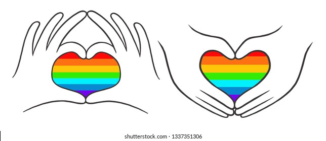 Hands making a heart on rainbow LGBT flag background. Rainbow colored heart icon. Gay Pride. LGBT concept.