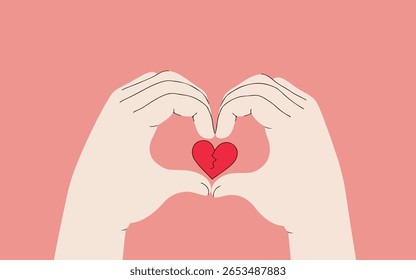 Hands making a heart shape around a red broken heart on a pink background, symbolizing love and heartbreak.

