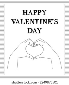 Hands making Heart shape with fingers. Vector banner or gift card for valentines day in line art style.