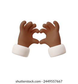 Hands making heart shape gesture 3D vector icon. Cartoon cute love symbol, Valentines day romantic clip art. Realistic render illustration of afro arm fingers with white sleeve gesture emoji