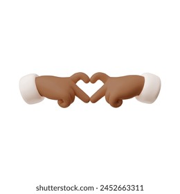 Hands making heart shape gesture with index and middle fingers 3D icon. Vector illustration of cartoon love symbol. Render afro fingers gesture romantic emoji, white sleeve. Friendly gesture sign