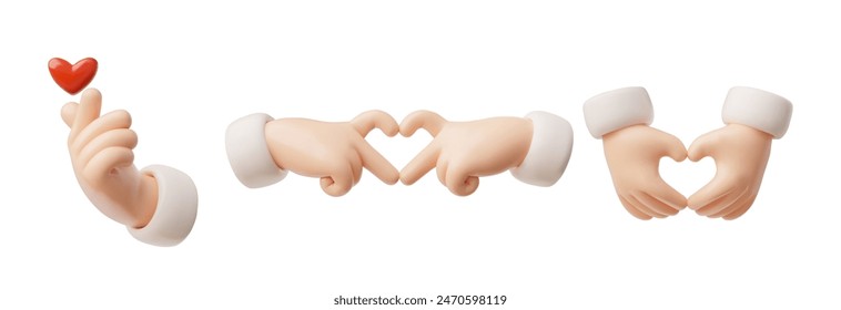 Hands making heart shape gesture cute 3D icons set. Vector illustration of cartoon romantic feelings, love symbol. Render fingers gesture with red heart emoji, white sleeve. Positive communication