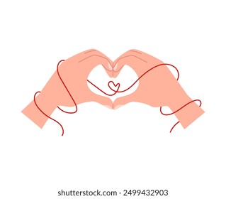 Hands making heart shape gesture with red ribbon vector flat illustration. Cartoon couple hands love symbol, romantic human arm gesture emoji icon. Sympathy and appreciate sign. Unity partnership
