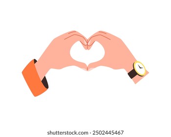Hands making heart shape gesture vector flat illustration. Cartoon couple hands love symbol, romantic human arm gesture emoji icon. Friendship concept, sympathy and appreciate sign. Unity partnership