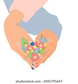 Hands making heart shape holding flowers. Cute greeting card, poster, Spring holiday banner. Vector illustration