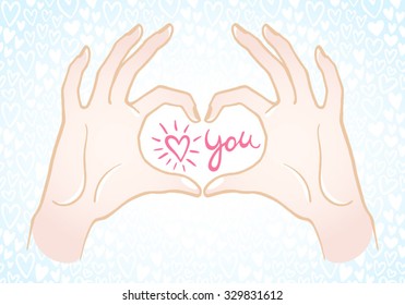 Hands making a heart shape illustration. Valentines day card. Hands in the form of heart with confession love you in center. Hearts seamless pattern background. Colorful.