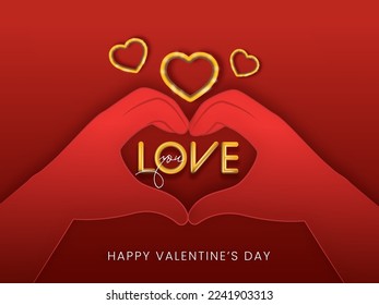 Hände, die Herzform mit LIEBE DICH Text, 3D Golden Hearts auf rotem Hintergrund für glückliches Valentinstag Konzept.