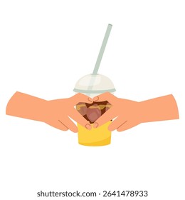 Hands making heart shape over plastic cup with iced coffee and orange juice. Gesture of love for cold drinks. Design element for card, banner, poster, print. Trendy bumble coffee vector illustration