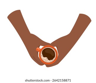 Hands making heart shape over cup of coffee. Gesture of love for cozy morning ritual and warm drink. Design element for cafe menu, banner, coffee poster, print. Hands with espresso vector illustration