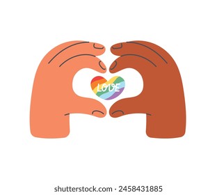 Manos haciendo forma de corazón con signo de corazón de arco iris en el interior. Mes del orgullo. Ilustración vectorial plana de estilo de dibujos animados aislada sobre fondo blanco