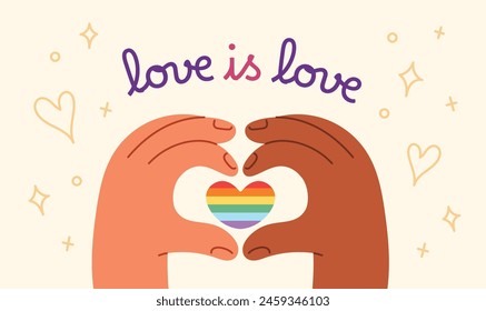 Hands making heart shape with rainbow heart sign inside on yellow background. Love is love, pride month concept. Flat cartoon style vector illustration