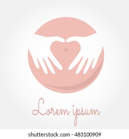 Hands making heart shape vector. Hands on pregnant woman belly. Pregnancy icon logo template vector.