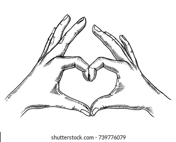 Hands making heart sign engraving vector illustration  Scratch board style imitation  Hand drawn image 