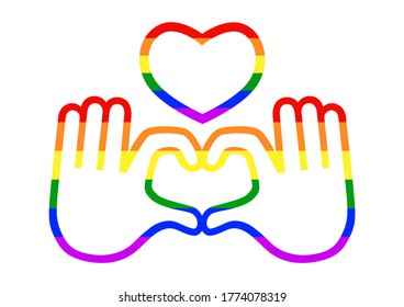 Manos haciendo señal cardíaca de color arcoiris. Ilustración vectorial.