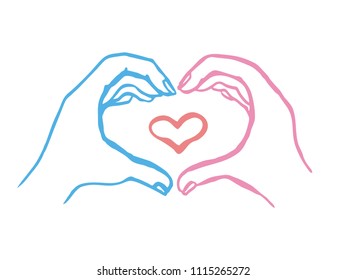 Hands making heart sign. Symbol of the heart and love. Hand-drawn isolated vector illustration.