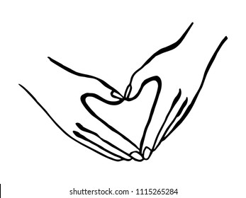Hands making heart sign. Symbol of the heart and love. Hand-drawn isolated vector illustration.