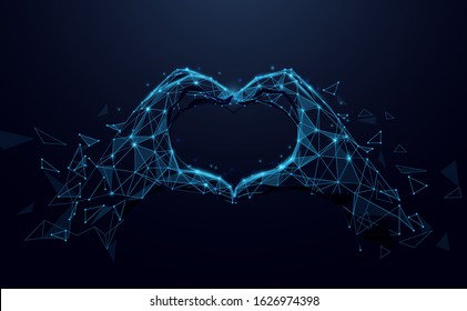 Hands making heart sign. Valentines day background. Abstract lines, triangles and particle style design. Illustration vector