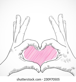 Hands making heart sign, Vector sketch 