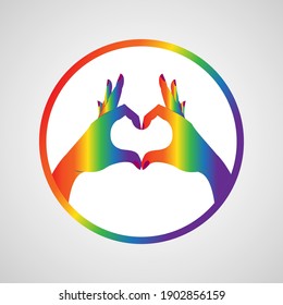 Manos haciendo un símbolo de corazón. Manos pintadas en los colores de la bandera LGBT. Orgullo LGBT. Bisexual, Lesbiana, Gay, Transgénero. Derechos humanos y tolerancia. Tarjeta, afiche y pancarta. Ilustración vectorial. 