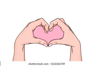 hands making a heart symbol. heart shaped gesture, a message of love. showing I love you. Isolated vector illustration