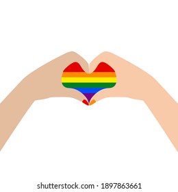 hands making a heart symbol. heart shaped gesture, a message of love. showing I love you. Isolated vector. Support LGBT Pride. Colorful hand. Freedom. Love. Heart. Rainbow abstract. 