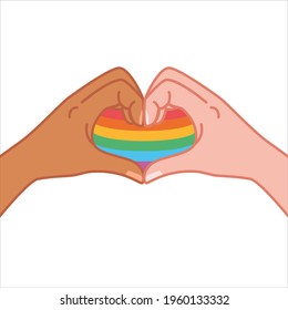 manos haciendo un símbolo del corazón. gesto en forma de corazón, un mensaje de amor. mostrando que te amo. Vector aislado. Apoyen el Orgullo LGBT. Mano colorida. Libertad. Amor. Corazón. Resumen del arcoiris.