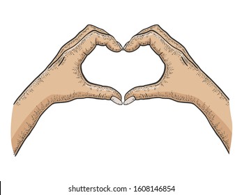 Hands making heart symbol sketch engraving vector illustration. Romantic love lovesickness symbol. T-shirt apparel print design. Scratch board imitation. Black and white hand drawn image.