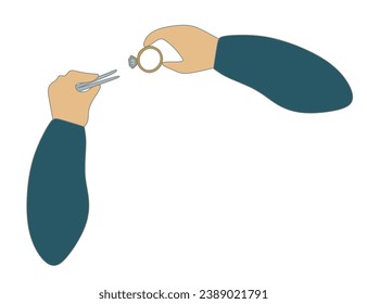 Manos haciendo anillo de joyas. Tweezers de mano. Hágalo usted mismo taller aprendiendo a hacer joyería. Estilo Vector plano aislado. Clases hechas a mano y artesanías. Banner del día de la joyera