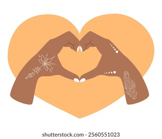 Vector Two Hands making LOVE HEART with white Manicure and Tattoos. Tattoo geometric shapes. Vector illustration.