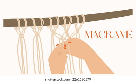 hands making macrame, Macrame knot icon, fashion sewing doodle illustration, vector stitching craft, wall hanging, handmade home decor, isolated on white background.illustration macrame wall hanging 