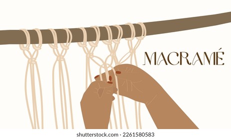 hands making macrame, Macrame knot icon, fashion sewing doodle illustration, vector stitching craft, wall hanging, handmade home decor, isolated on white background.illustration macrame wall hanging 