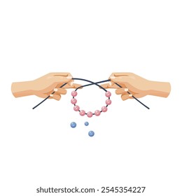 Hands making a necklace with beads and wires. Vector illustration