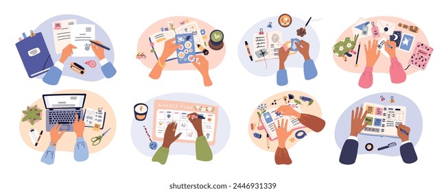 Hands making notes. Arms holding pens and pencils. Reminder in notebooks. Planners and diaries. Businessman typing on laptop. Office workplace. Stationery top view