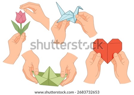 Hands Making Origami with Paper Flower, Crane, Heart, and Boat in Cartoon Vector Illustration