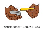 Hands making payment with card and mobile phone.