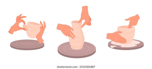 Hands making pots. Pottery workshop process, ceramic crafting process flat vector illustration set. Cartoon potter's hands making pots on pottery wheel